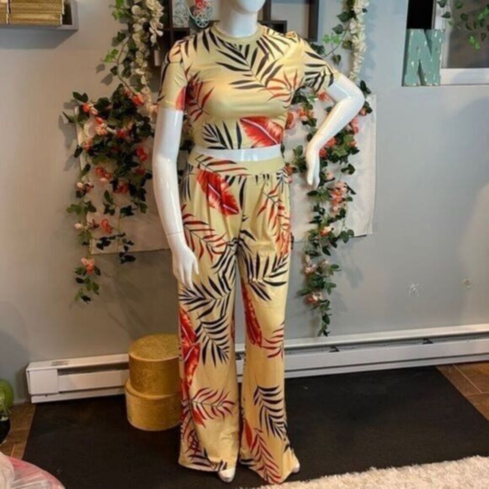 Tropical Floral crop top & wide leg long pant set Size XL